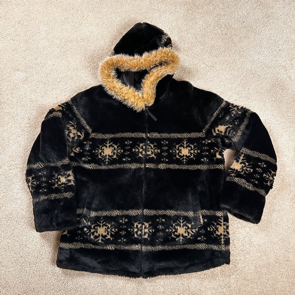 Vintage Faux Fur Nordic Snowflake Hooded Zip Jacket Women’s 1X Winter Eskimo Ski